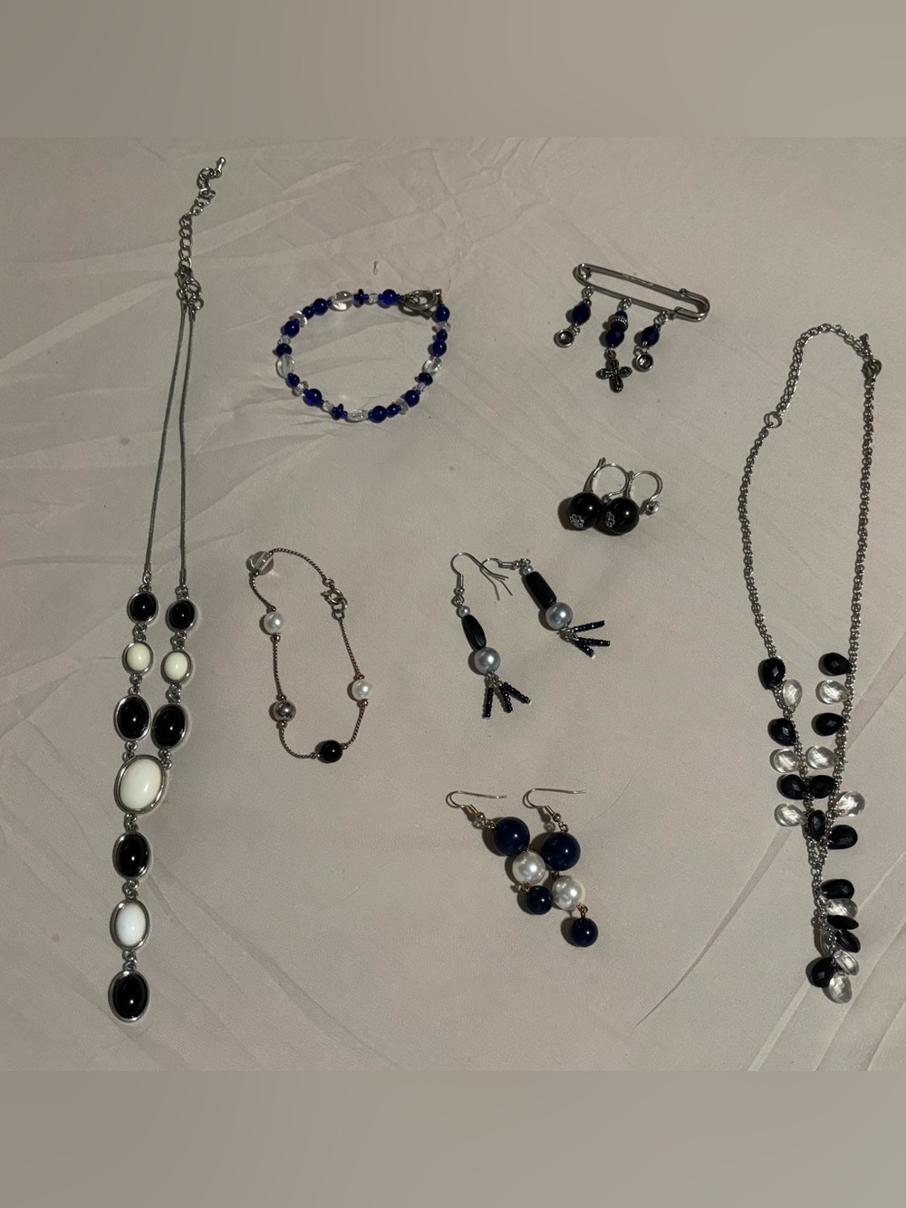 Black Blue Jewelry Lot Collection 8 Pieces Necklaces, Earrings, Bracelet, Broach